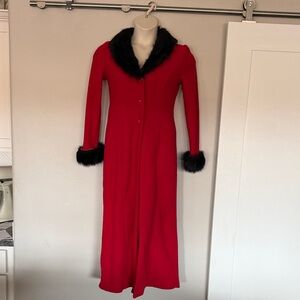 Chic Red Long Coat with Black Faux Accents